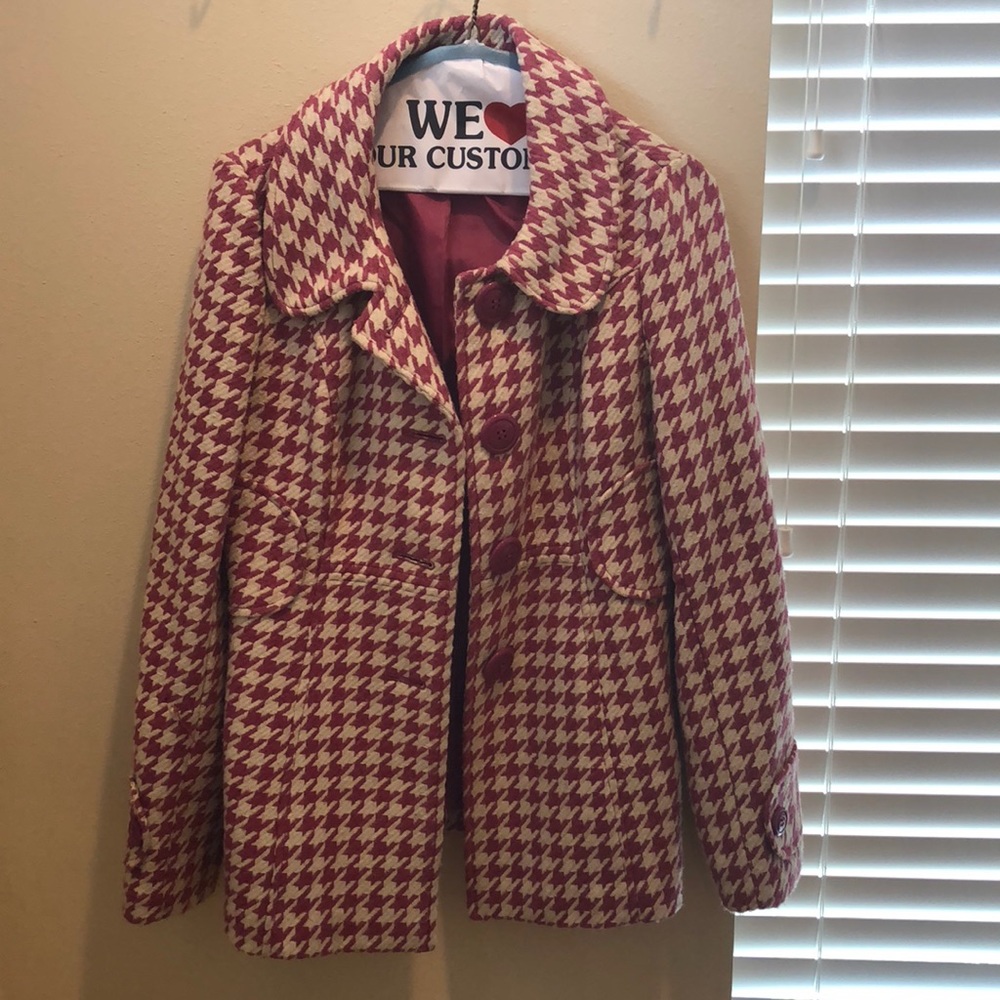 Pink and white houndstooth Pea Coat